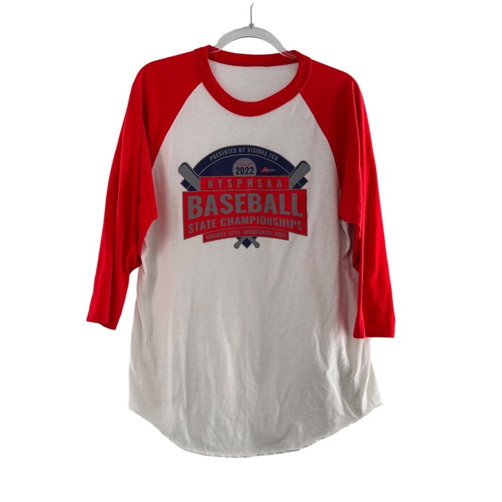 2022 NYSPHSAA Baseball State Championships Large Raglan T-Shirt White Red READ